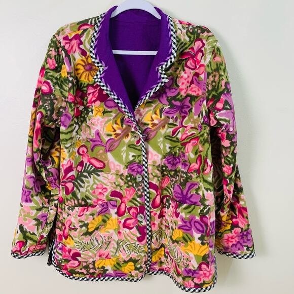 Koos of Coursee! Size M Linen Blend Art to Wear Reversible Floral Jacket Purple - Picture 7 of 12